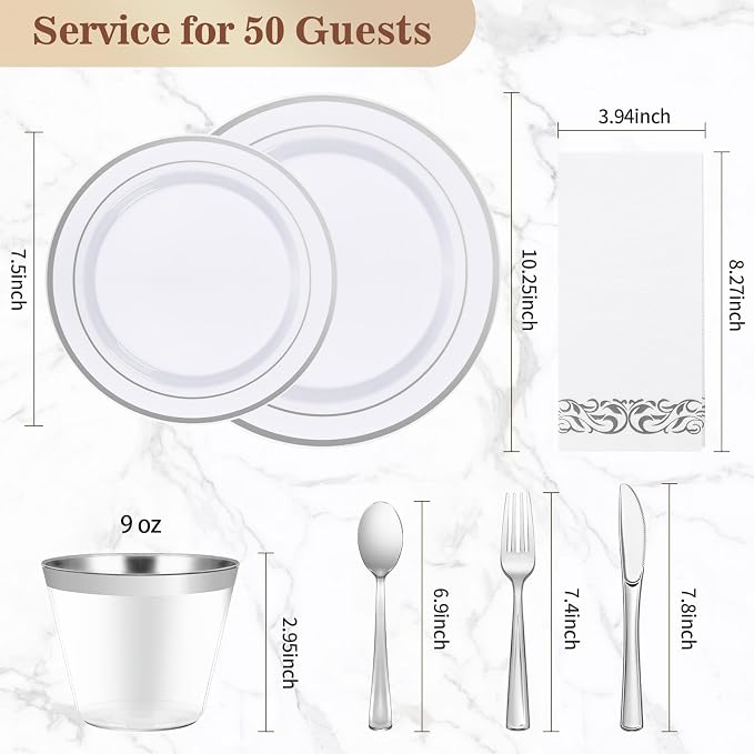 BESTVIP 350 PCS Disposable Silver Plates and Silverware Set - Image 4