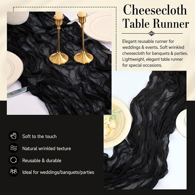 12 Pack Black Cheesecloth Table Runner 17x108 Inch Boho Rustic Semi Sheer Gauze - Image 5