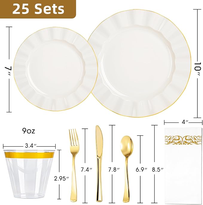 175PCS Ivory Plastic Dinnerware Set, Wavy Plates - Image 2