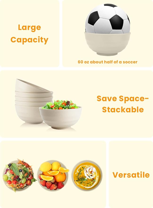 Unbreakable Large Salad Bowls Set of 6, 60oz Large Wheat Straw Bowls - Image 5