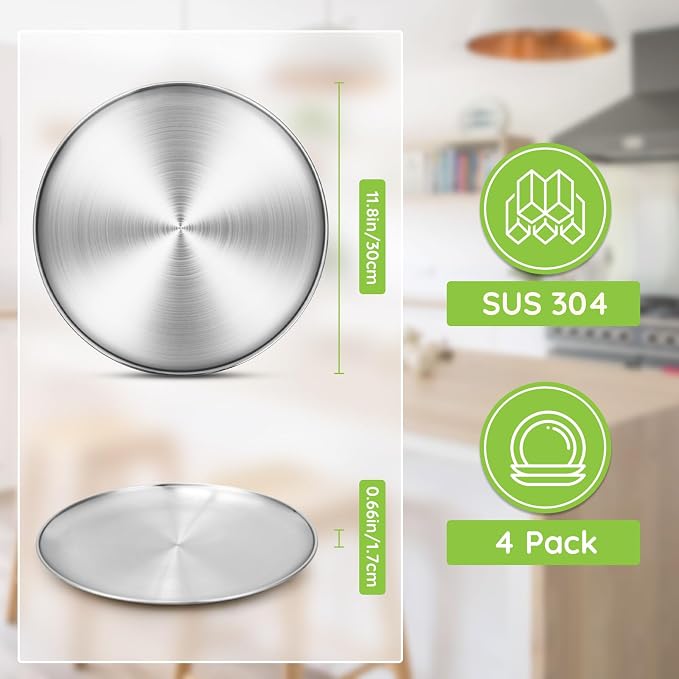 Stainless Steel Plates, 4 Pack 11.8 inch 304 Metal Food Serving Plate Set - Image 2