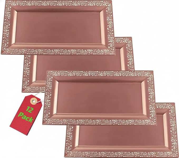 14" x 7.5" Rose Gold Lace Rim Plastic Serving Trays & Platters | Heavy Duty by Yumchikel