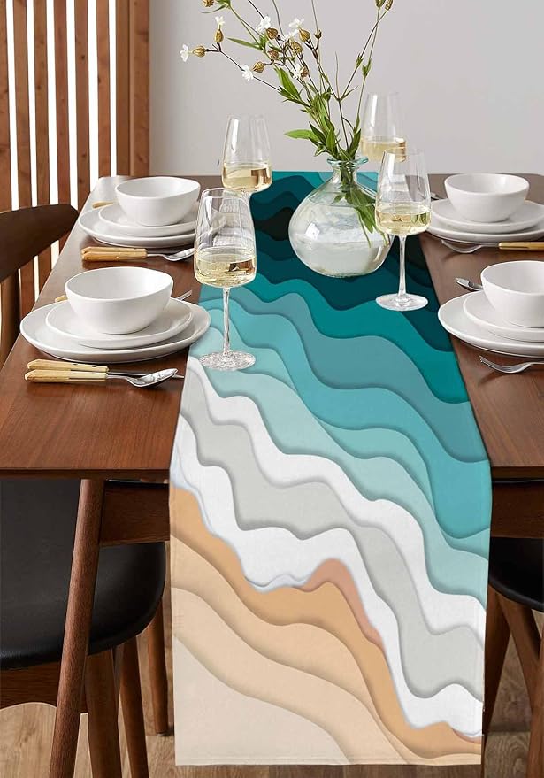 Turquoise Geometric Beach Table Runners 108 Inches Long, Cotton Linen Fabric - Image 2