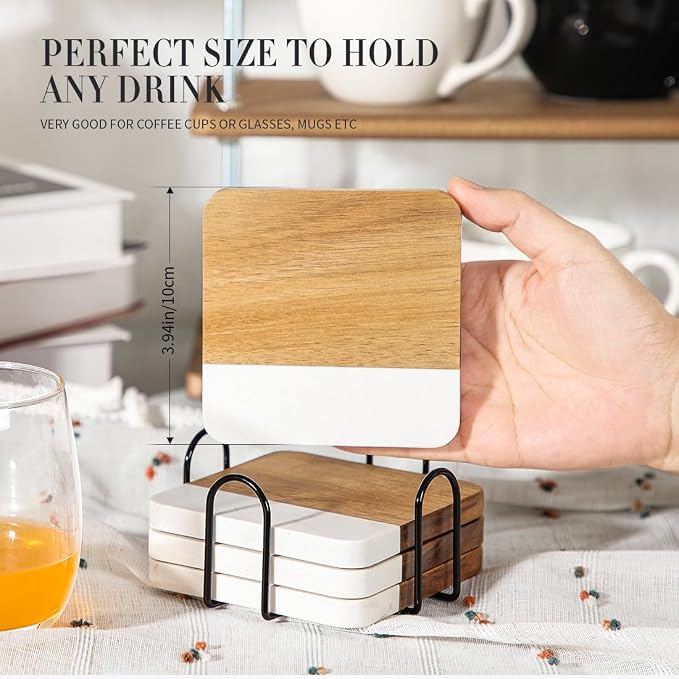 Acacia Wood Marble Coasters for Drinks - Image 5