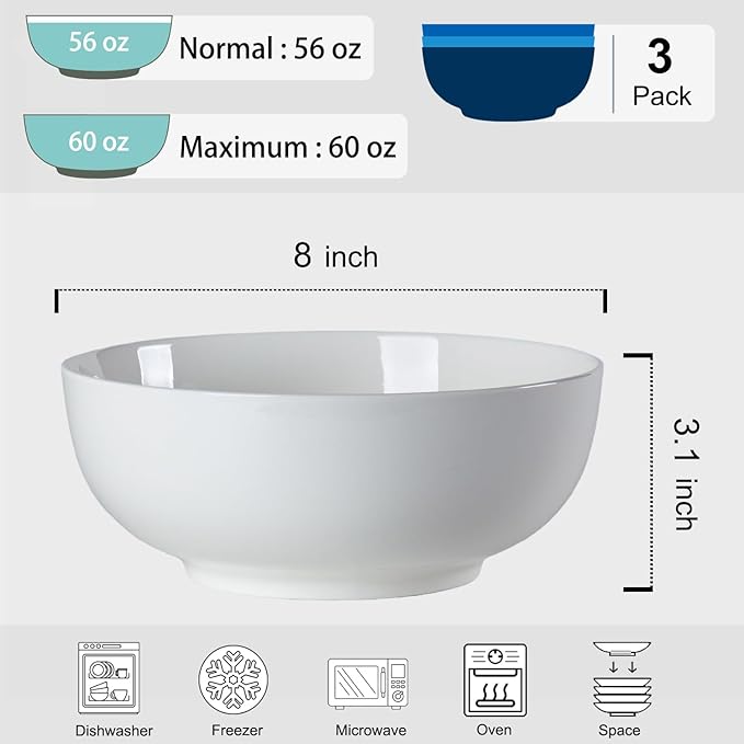 60 oz Large Soup Bowl, Pho Bowls, 8-Inch Off-White Porcelain Bowls Set of 3 - Image 2