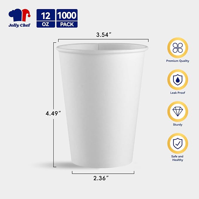 JOLLY CHEF 1000 Pack Disposable Paper Coffee Cups 12 oz | Hot Beverage Paper - Image 3