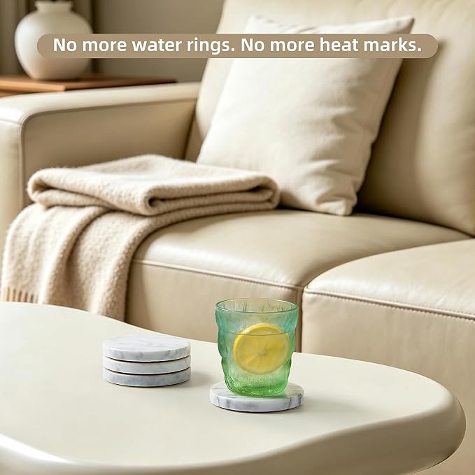 Natural Marble Coaster Set of 4.Round Drinks Coasters, Non-Ceramic/Non-Resin | - Image 4