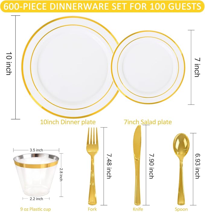 WELLIFE 450 PCS Gold Plastic Plates Set, Dinner & Salad Plates Cups Forks - Image 5