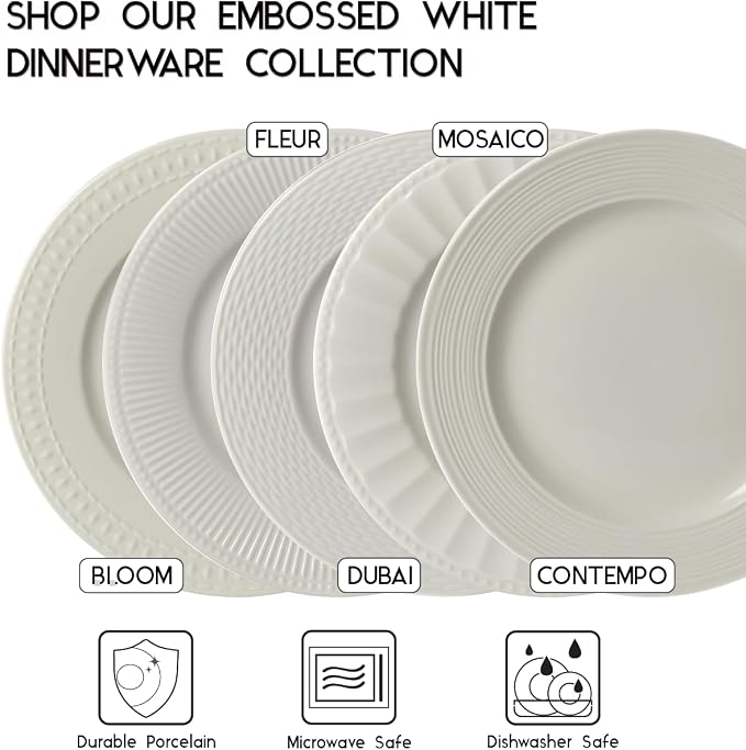 Tabletops Gallery Embossed Bone White Porcelain Round Dinnerware Collection- - Image 6