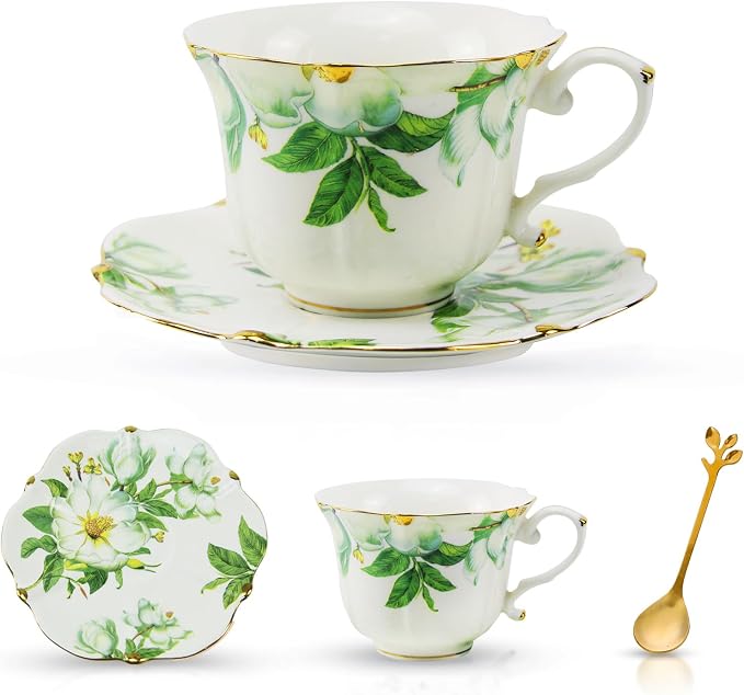 TATSUMI Country Roses Bone China Tea Cup and Saucer Set, 3 Pieces, Vintage Style by TATSUMI