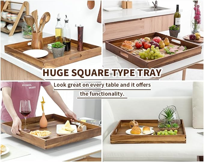 Extra Large Square Wood Tray, Generously 22" Acacia Serving Trays - Image 6