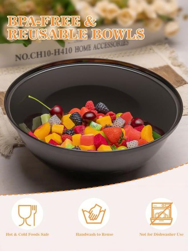 BESTVIP 150 Oz Black Plastic Serving Bowls, 4 Pack | 11.6-Inch Disposable & - Image 2