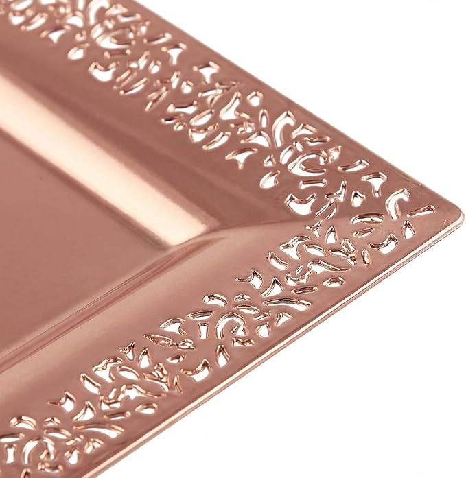 6 Yumchikel 14" x 7.5" Rose Gold Lace Rim Plastic Serving Trays & Platters | - Image 3