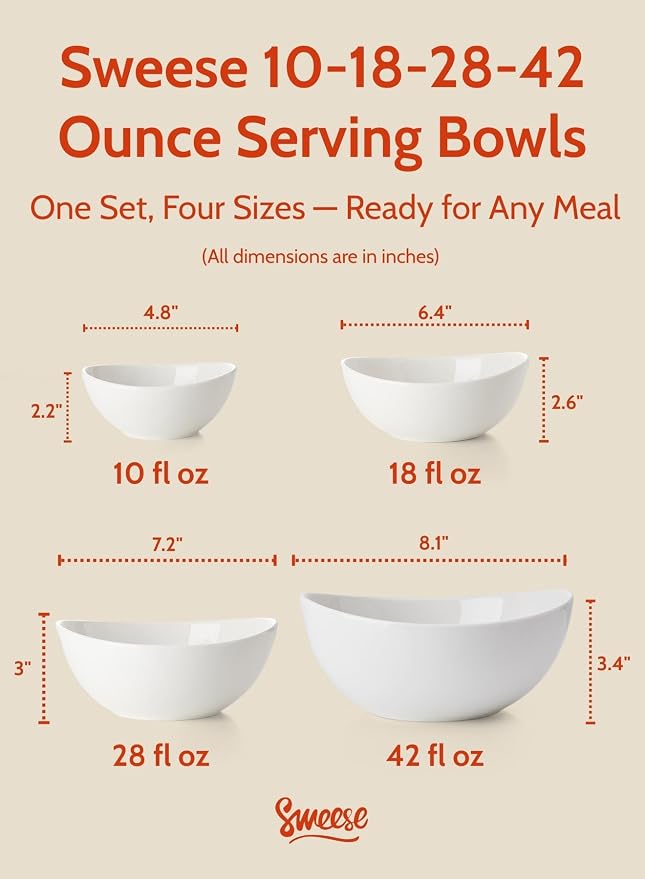 Sweese Porcelain Serving Bowls Set, 10-42 oz, Versatile - Image 2
