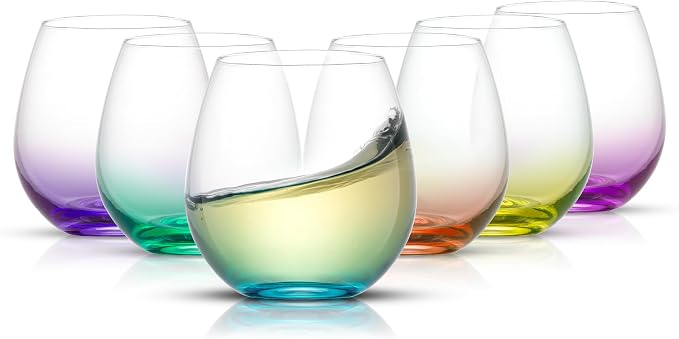 JoyJolt Hue Stemless Wine Glass Set, Large 15 oz Stemless Wine Glasses Set of 6 by JoyJolt