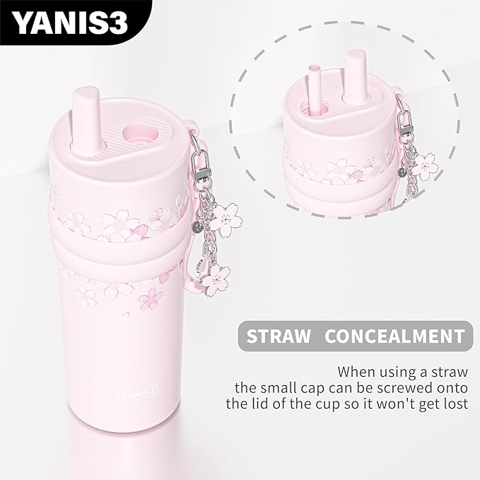 18.5 oz Thermo Cup with Straw, Elegant Cherry Blossom Embossed Design, Vacuum - Image 5