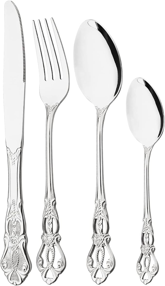 Mirror Polished Silver Silverware Set, 24-Piece 18/10 Stainless Steel Shiny by JANKNG