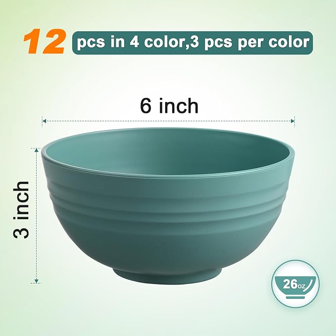 HEYCOME 12 Pcs Unbreakable Cereal Bowls Set, 26 Oz Wheat Straw Bowls Set - Image 2