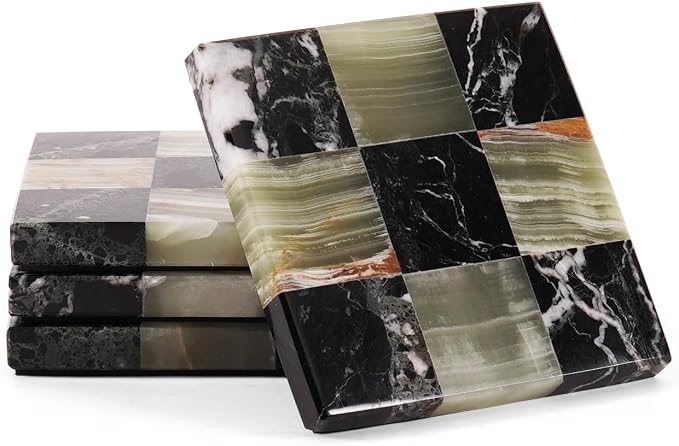 Marble Coasters Set of 4, Zebra Black & Green Handmade 4 inch Square Natural by Earthentones