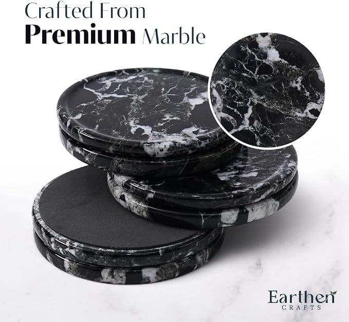 Marble Coasters Set of 6, 3.5" Inches Round Black Coaster - Image 4