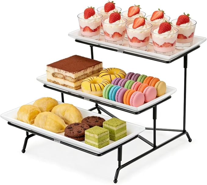 3 Tier Serving Tray, Reusable Tray Stand Black Collapsible Metal Stand by Farielyn-X