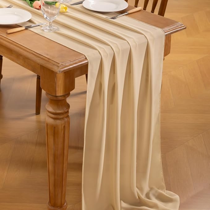 Champagne Chiffon Table Runner Summer Boho Wedding Birthday Party Decor | 14ft - Image 3