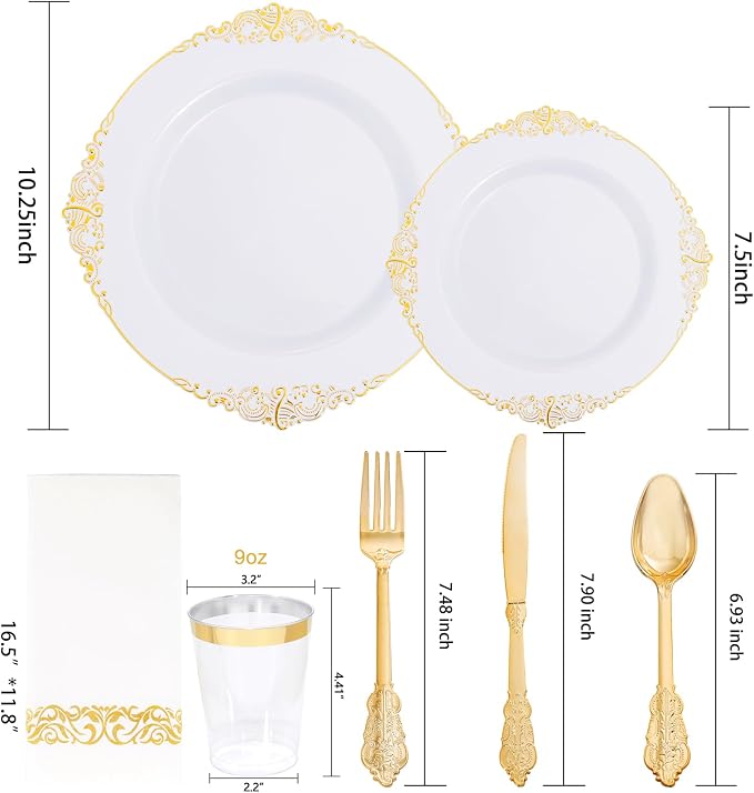 Nervure 350Pcs Gold Plastic Plates, Disposable Dinnerware Set - Image 8