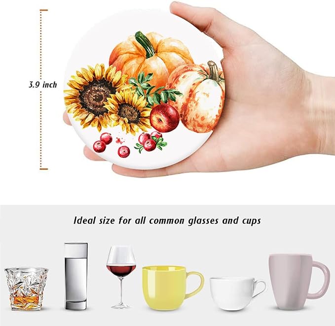 Drink Coasters for Drinks Set of 6, Autumn Pumpkins Sunflower and Berries - Image 2