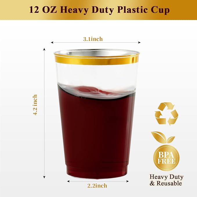Vplus 150 Pack 12 OZ Gold Rimmed Disposable Plastic Drinking Cups - Image 3