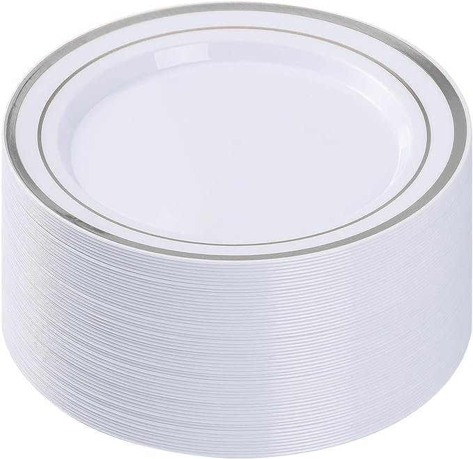 BESTVIP 50Pcs Silver Plastic Plates, 10.25 Inch Disposable Party Plates | Heavy by Bestvip