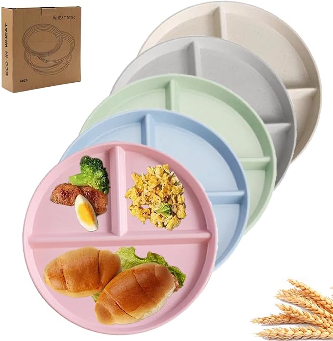PUPOPIK 9" Unbreakable Divided Plates Set of 5, Wheat Straw Plate Reusable - Image 8