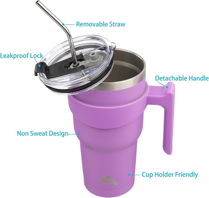 Konokyo 30 oz Tumbler with Handle and Straw, Insulated Travel Mug | Lavender; - Image 2