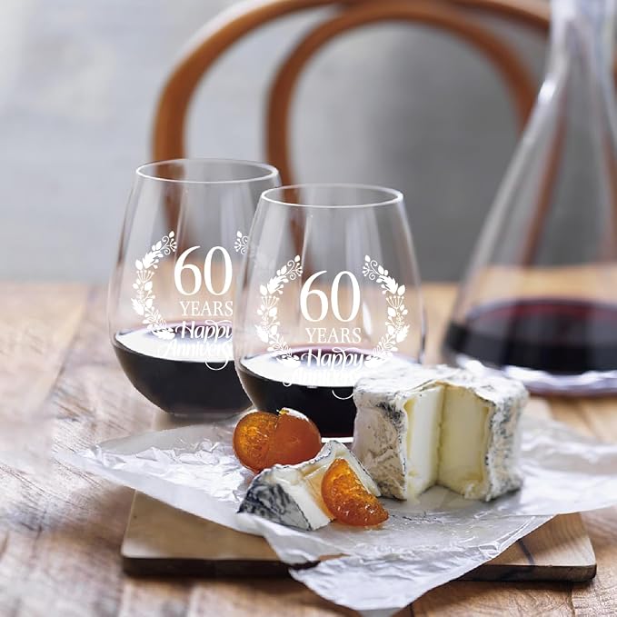 Perfectinsoy 60 Years Happy Anniversary Wine Glass Set of 2, 60th Anniversary - Image 3