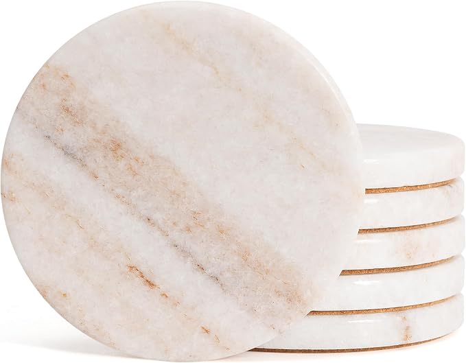 Cream White Marble Coasters Set of 6, Modern Neutral Drink Coaster by YONGHEE