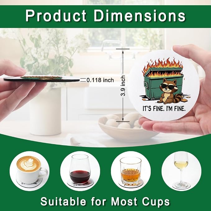 It's Fine I'm Fine Drink Cup Holder Coaster Set of 2, Funny Raccoon Coffee Cup - Image 2