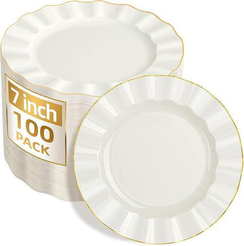 100PCS Ivory Plastic Plates 7 Inch, Wavy Plates by Ciselure