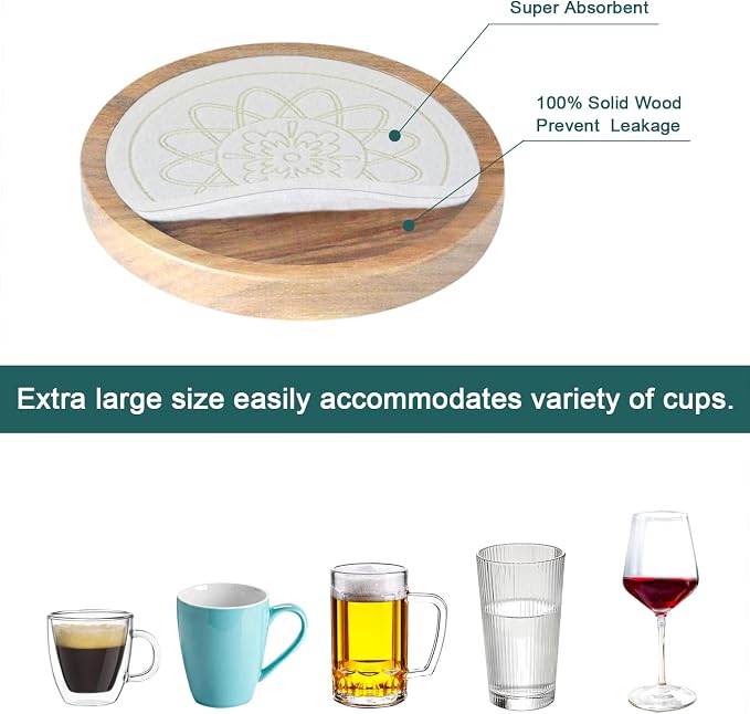5 Pack Wood Coasters for Drinks, Minacun Absorbent Coaster Set, Drinks Coasters - Image 5