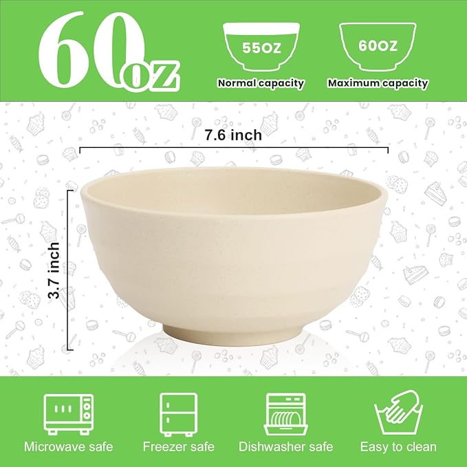Large Wheat Straw Bowls Set of 6, 60 OZ Unbreakable Serving Bowls, Microwave - Image 2