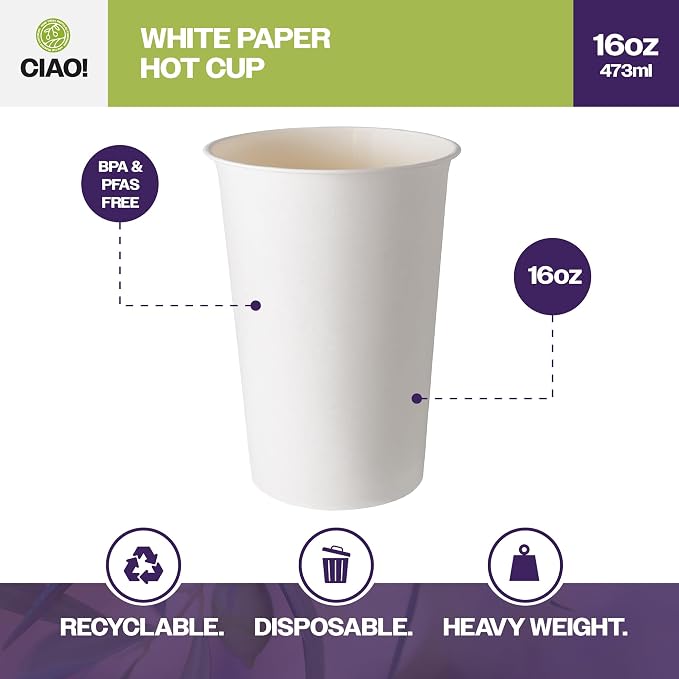 CIAO! 16oz White Paper Hot Cup, Disposable, 90mm Diameter 1 - Image 2