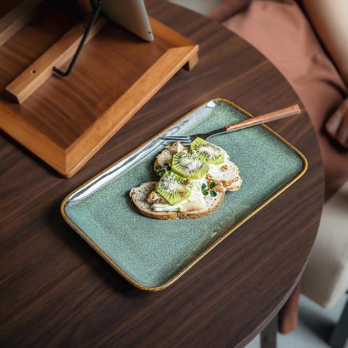 Unique Glazed Green Ceramic Tray, 10 Inch Rectangular Serving Platter | - Image 4