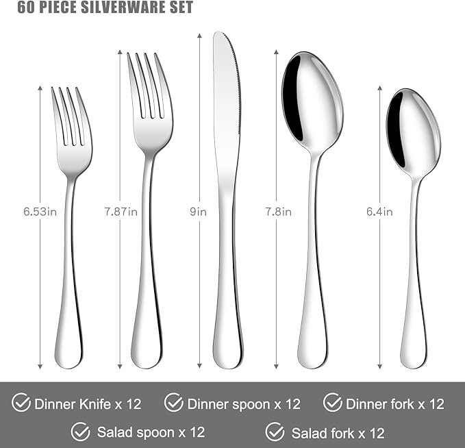 Compralo Silverware Set for 12, Stainless Steel 60 Piece Flatware Set | Mirror - Image 2