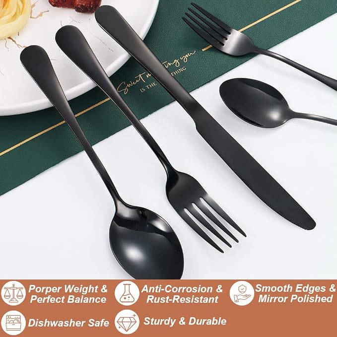 50 Pcs Black Silverware Set for 10, Food Grade Stainless Steel Flatware Set - Image 3