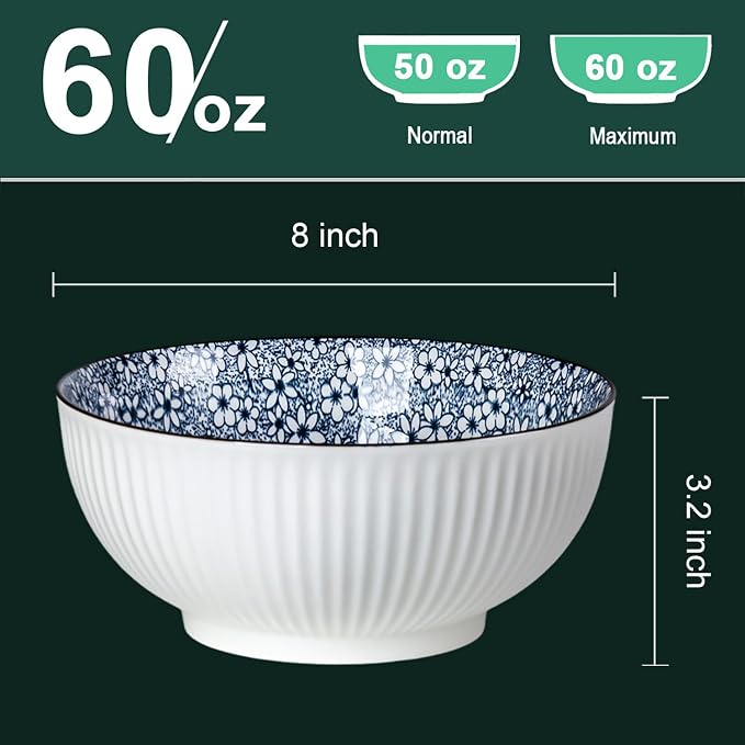 QINLANG Large Soup Bowls, Pho & Ramen Set of 3, 60 oz Blue & White Porcelain - Image 2