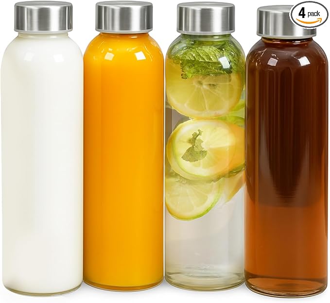 Epica Clear Glass Bottles with Lids, 18 oz Water Bottles, Steel Cap by Epica