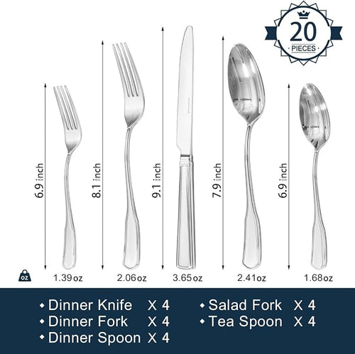 20 Piece Silverware Set for 4, 18/10 Stainless Steel | 18/10 Stainless Steel - Image 2