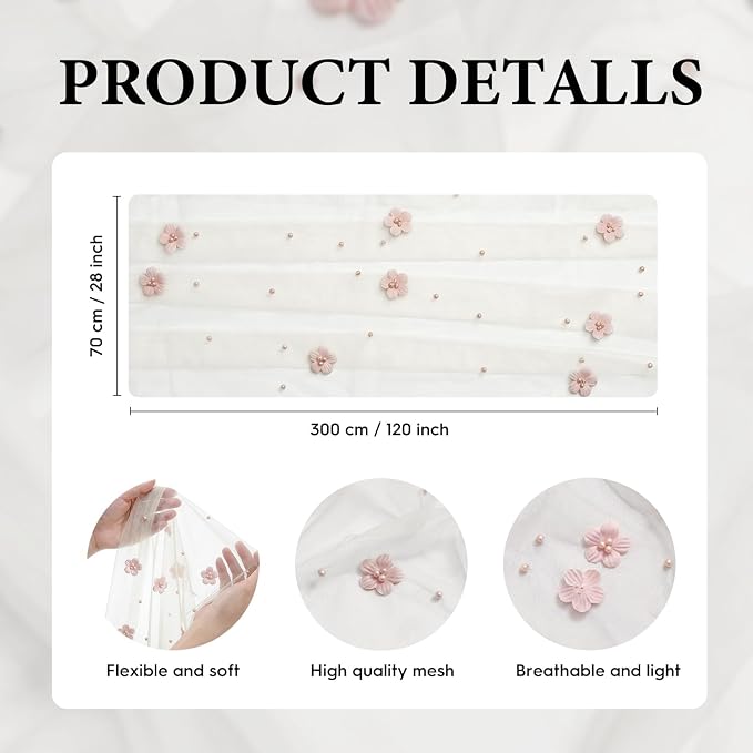 Artoid Mode Pink Flower Pearl White Gauze Table Runner 10FT 6PC, Seasonal Sheer - Image 7