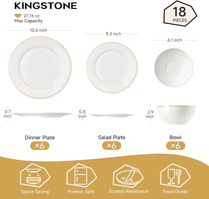 18Pcs Gold Trim White Bone China Set, Service - Image 2