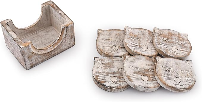 Wooden Crafted Unique Adorable Cat Shaped Coasters Set of 6 - Image 4