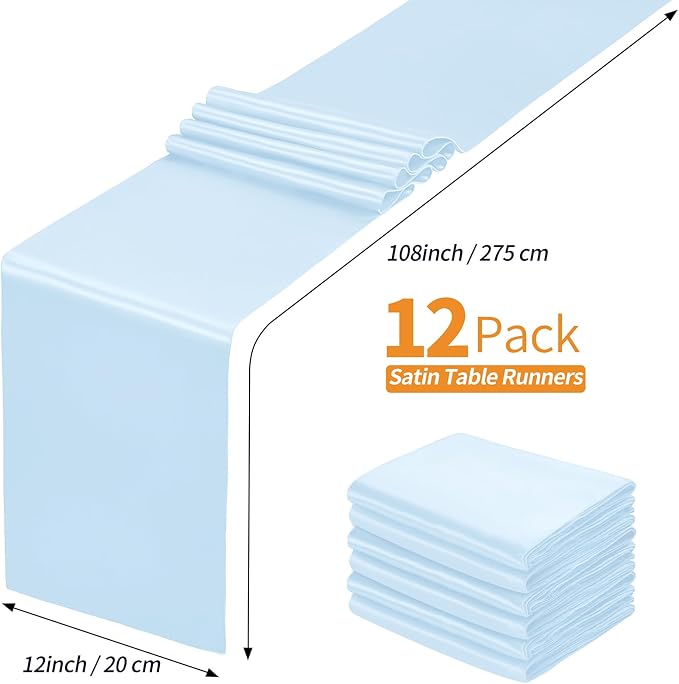 SiinvdaBZX 12 Pcs Light Blue Satin Table Runner 12 x 108 inches Long | Bright - Image 4