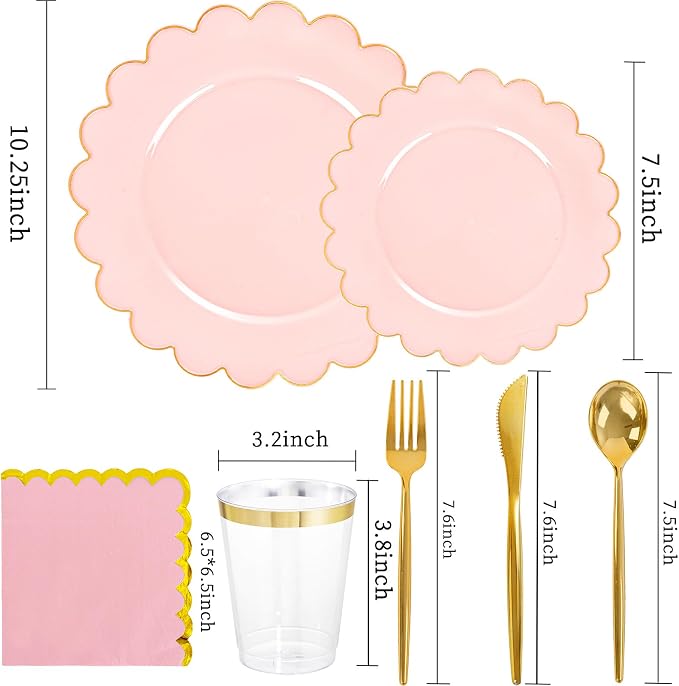 LIYH 210pcs Pink Gold Scalloped Plastic Plates, Elegant Party Dinnerware | - Image 3